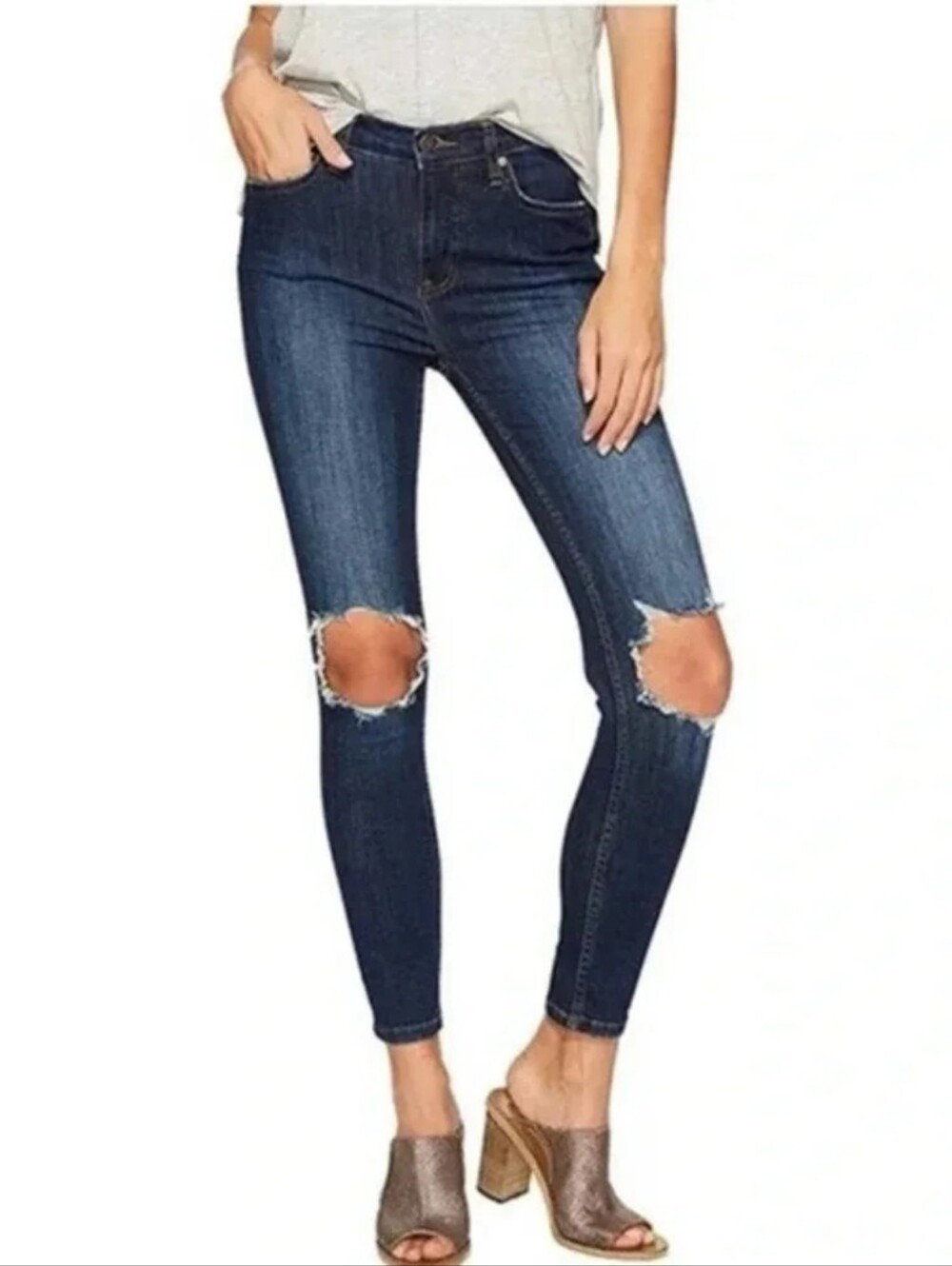 Free People High Rise Busted Knee Tapered Skinny Jeans 27L